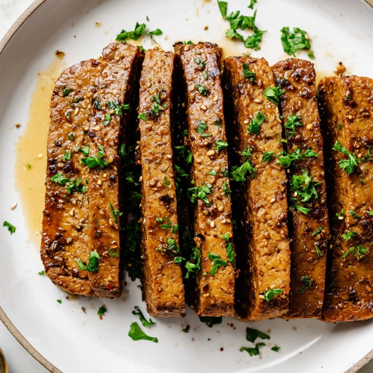 Golden Herbed Slow Roasted Tempeh Steaks served beside creamy mashed potatoes and a fresh salad.