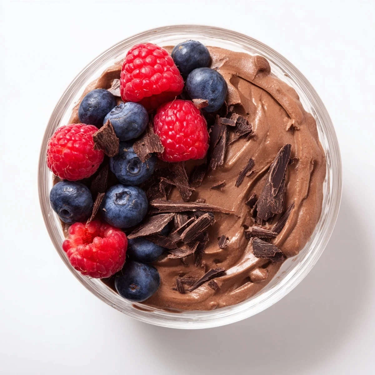 Creamy avocado chocolate mousse topped with fresh berries and shaved dark chocolate in a glass.