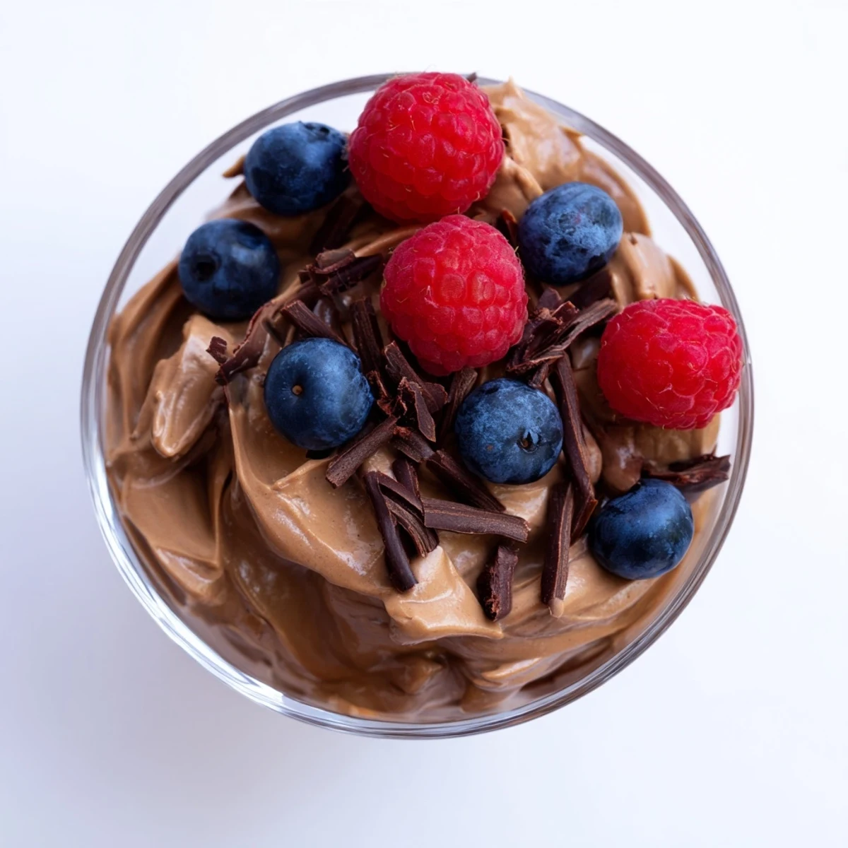 Healthy avocado chocolate mousse in a clear glass, topped with fresh berries and shaved chocolate for serving.