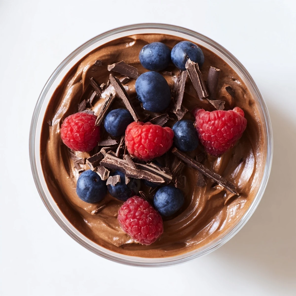 Luscious avocado chocolate mousse served chilled in a dessert glass, garnished with fresh berries and dark chocolate.