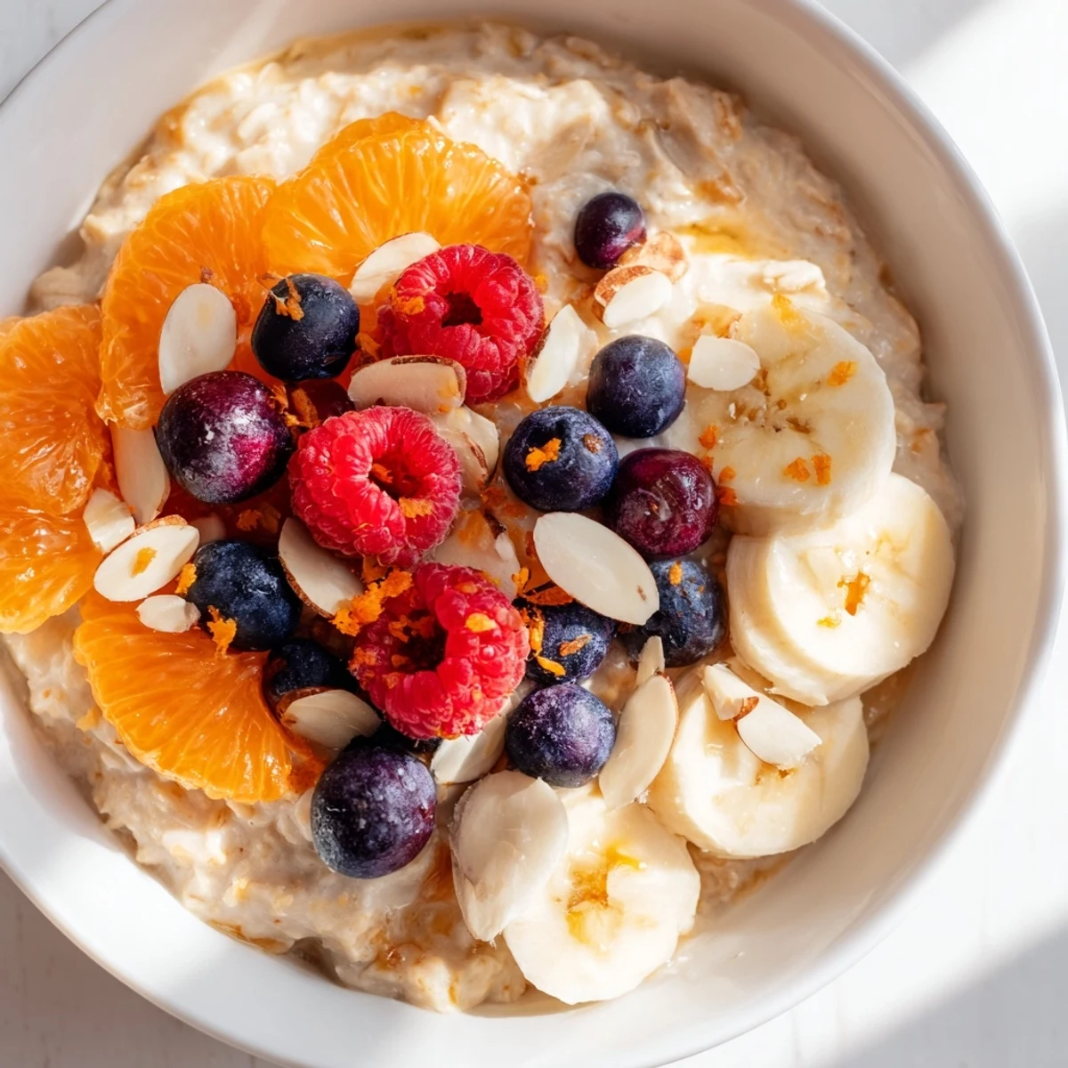 Creamy Fruit Orange Kissed Topped Porridge with orange segments, berries, and sliced banana, sprinkled with chopped nuts and drizzled with maple syrup.