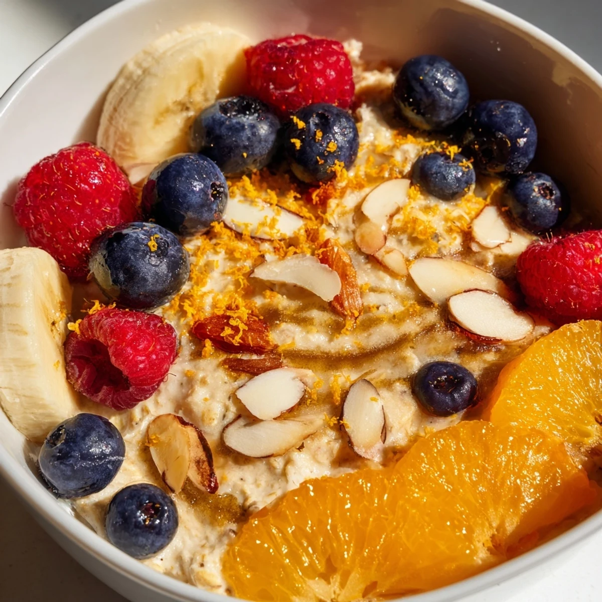 Two serving bowls of Fruit Orange Kissed Topped Porridge garnished with banana slices and orange zest, ready to enjoy with a spoon.