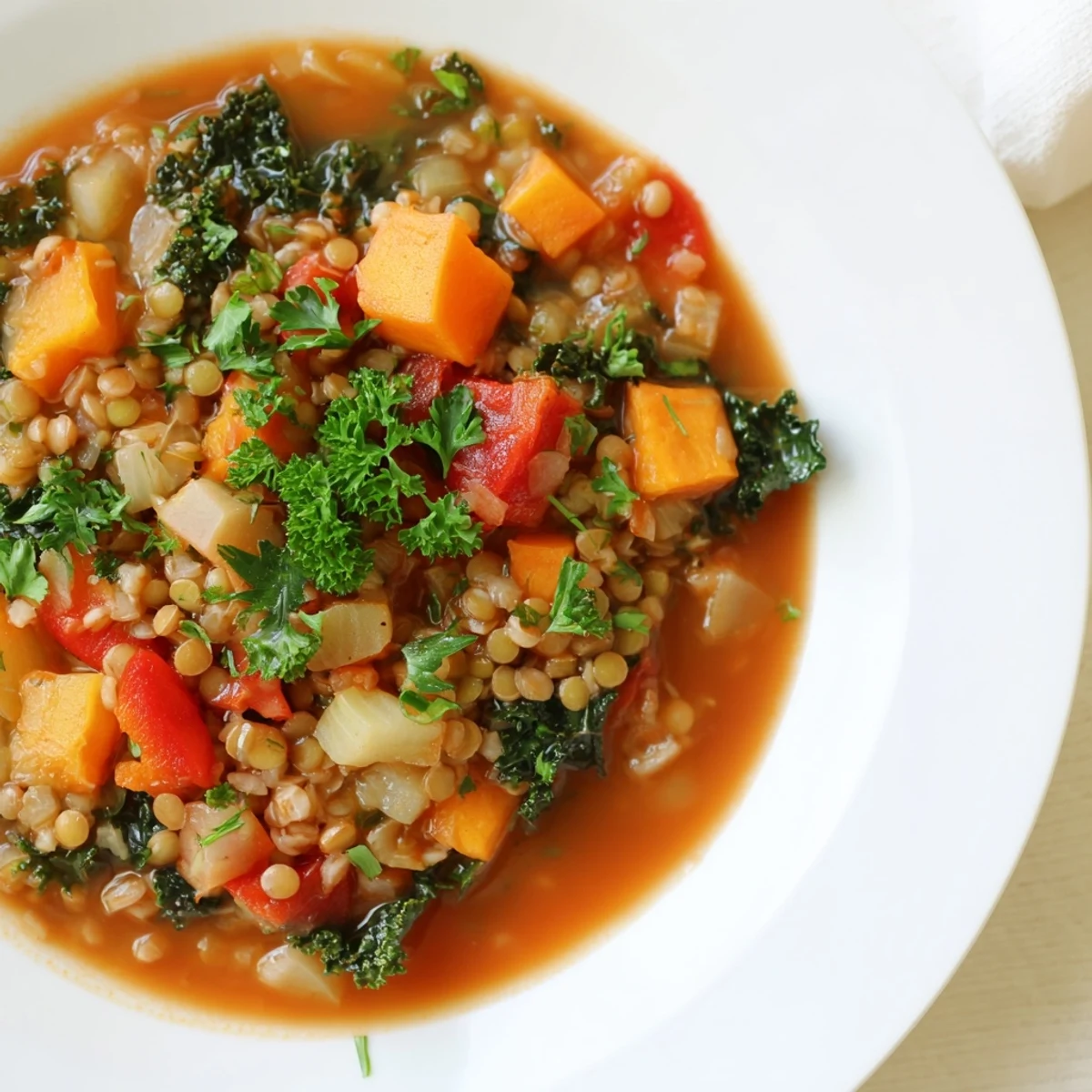 A close-up of hearty Barley and Lentil Stew showing tender vegetables and kale in a rich tomato broth.