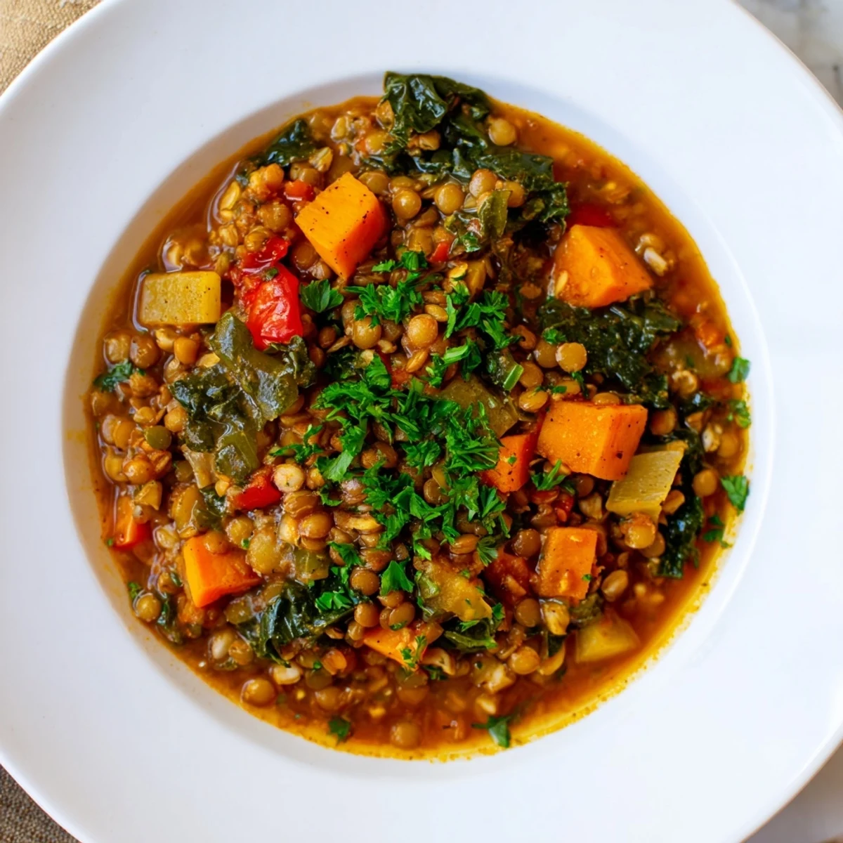 A large pot of Barley and Lentil Stew with a wooden spoon, ready to serve for a cozy family dinner.