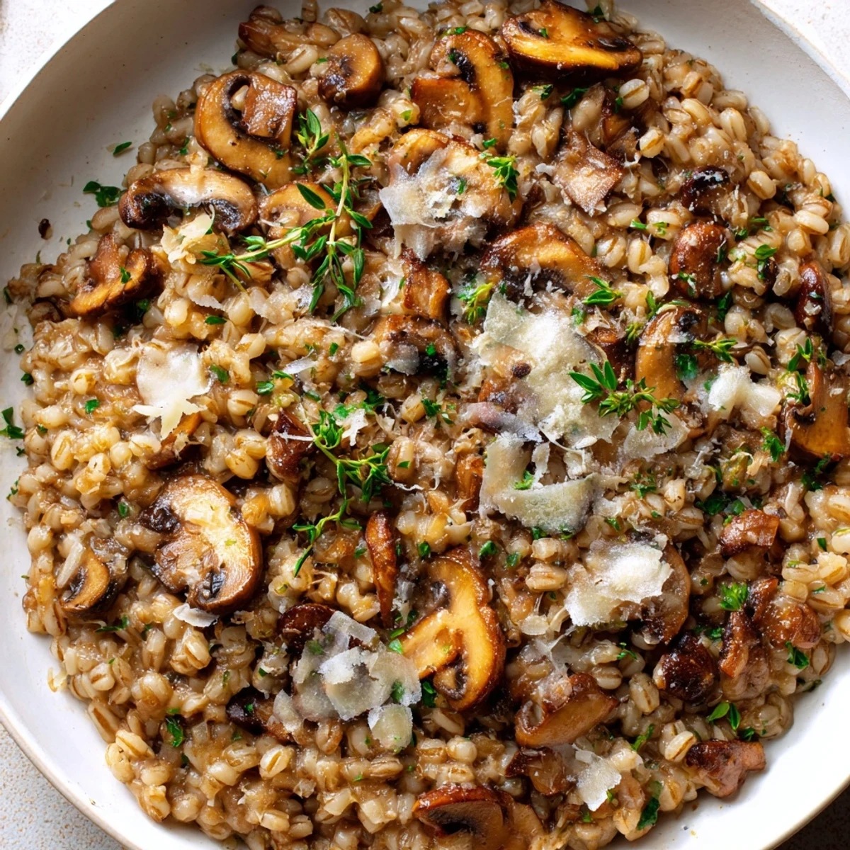 Golden Barley and Mushroom Risotto Hearth Baked in a cast-iron skillet with melted Parmesan and fresh thyme.