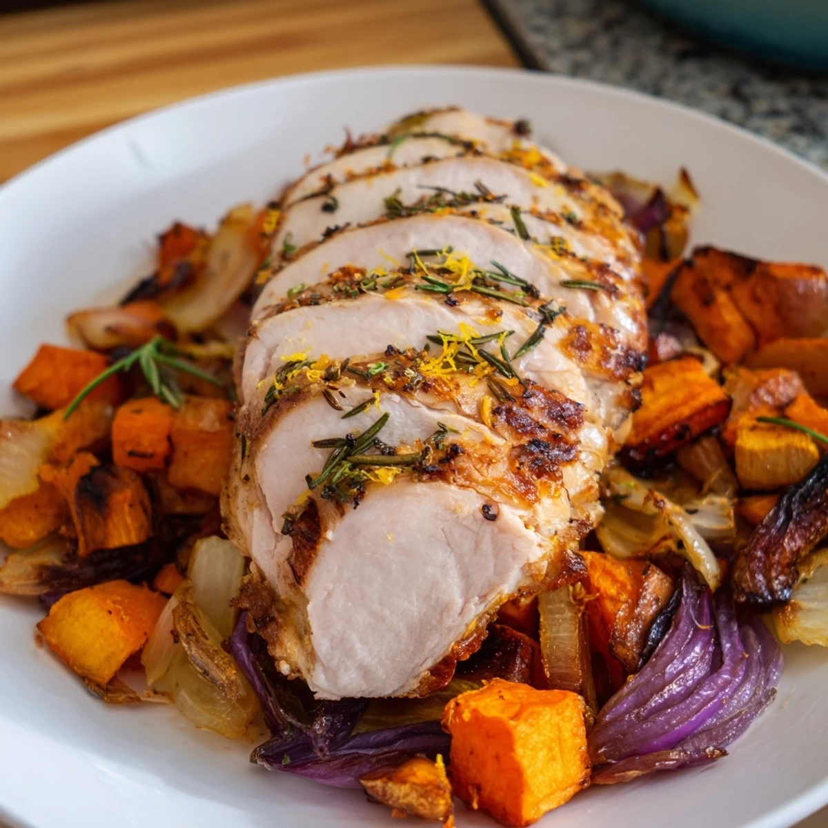 Roasted Rosemary Lemon Turkey breast served over caramelized root vegetables, with fresh rosemary sprigs and lemon wedges for a cozy family meal.