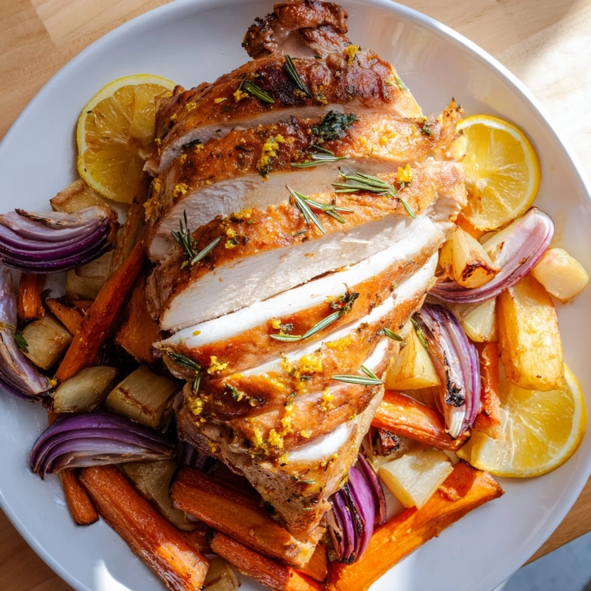 Sliced Rosemary Lemon Turkey on a platter with golden carrots and parsnips, drizzled with pan juices and garnished with lemon slices.