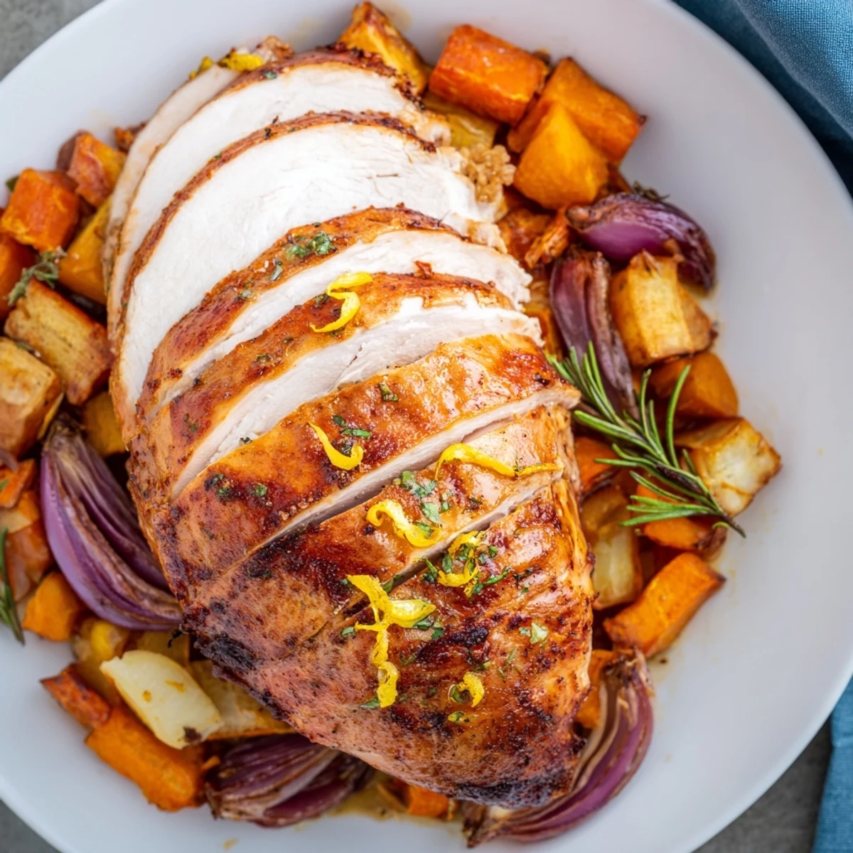 Close-up of juicy Rosemary Lemon Turkey with crispy skin, showing tender herb-crusted meat and roasted vegetables for a festive dinner.