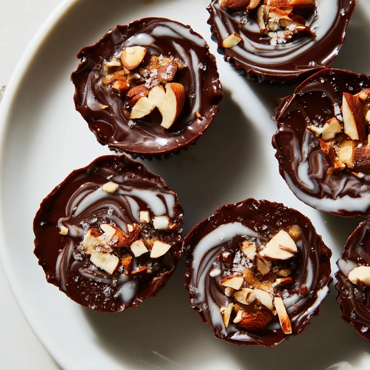 Miso Glazed Almond Butter Cocoa Cups sit on a rustic wooden board, showcasing glossy chocolate and a toasted almond topping. 