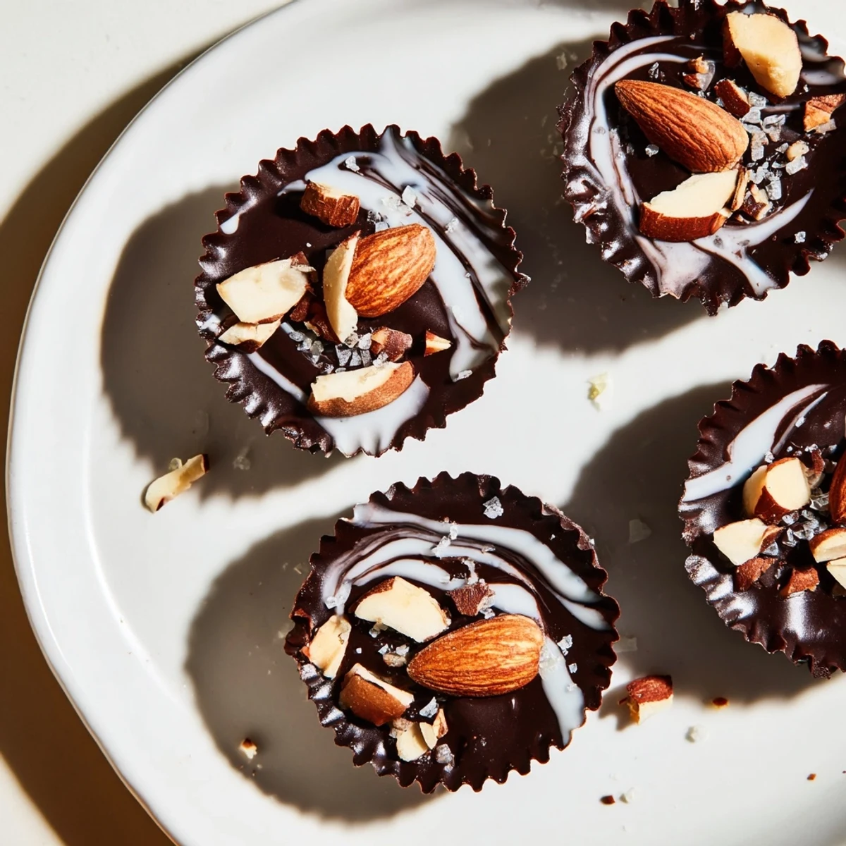 Twelve Miso Glazed Almond Butter Cocoa Cups lined in a muffin tin, ready to serve with a drizzle of glaze.