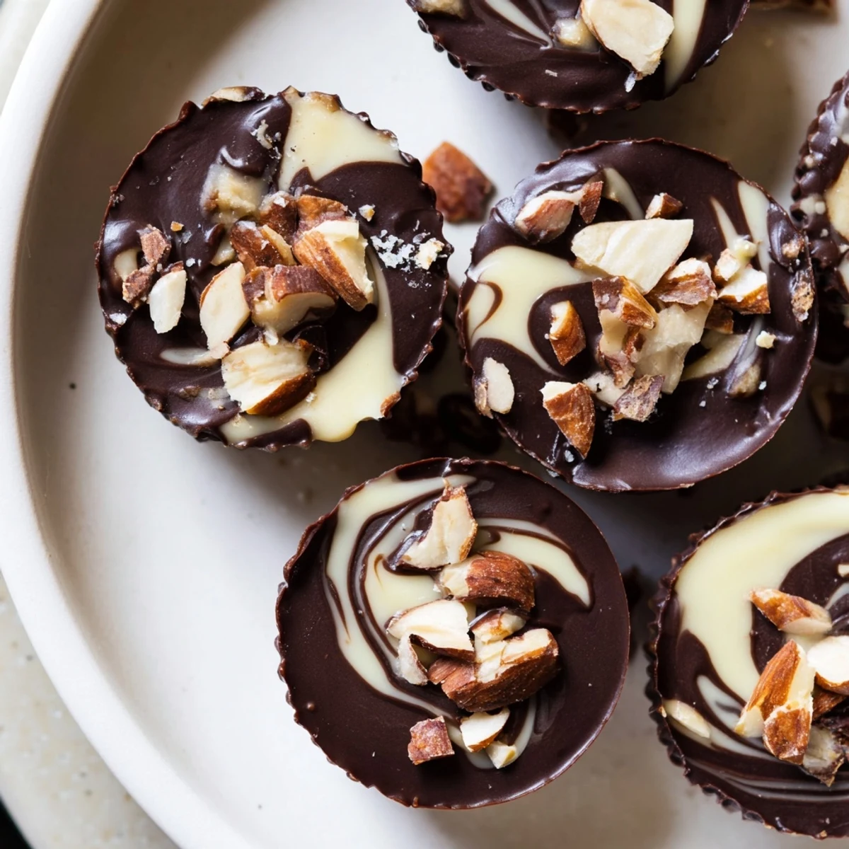 A close view of Miso Glazed Almond Butter Cocoa Cups with a marbled glaze and flaky sea salt crystals. 