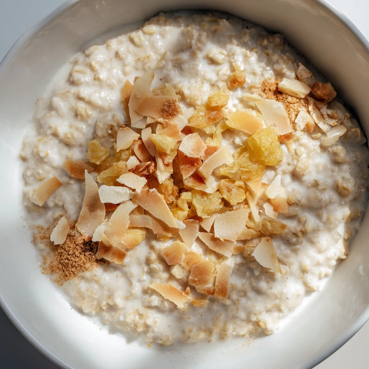 Coconut Smoky Ginger Scented Milk Porridge with toasted coconut flakes and crystallized ginger, served warm in a rustic bowl.