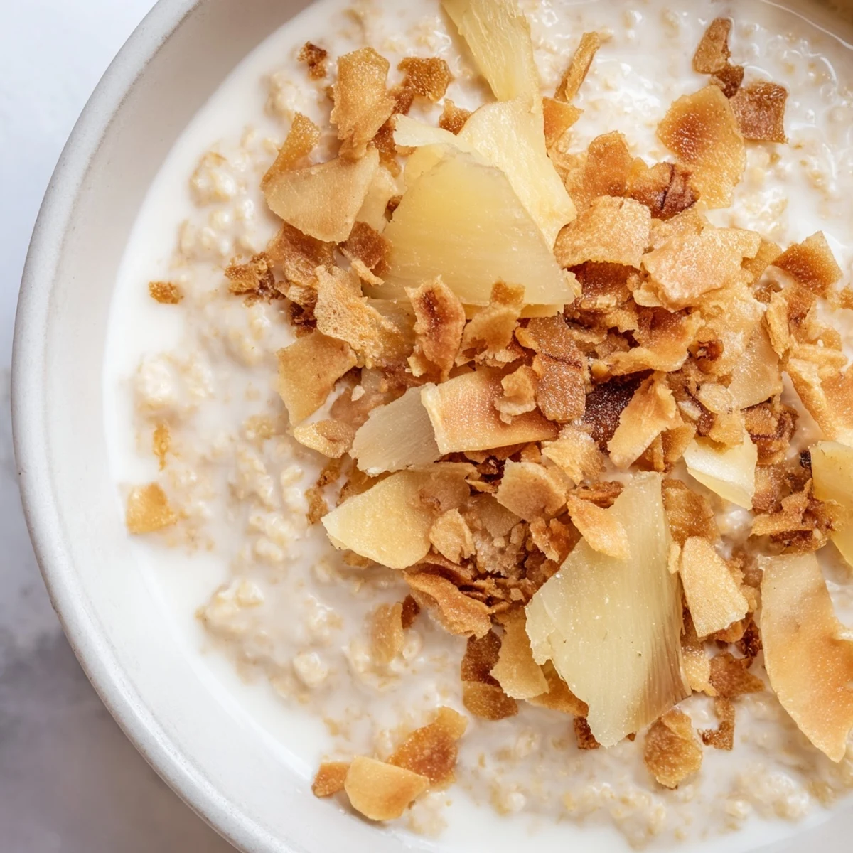 A nourishing breakfast bowl of Coconut Smoky Ginger Scented Milk Porridge topped with cinnamon and chopped crystallized ginger.