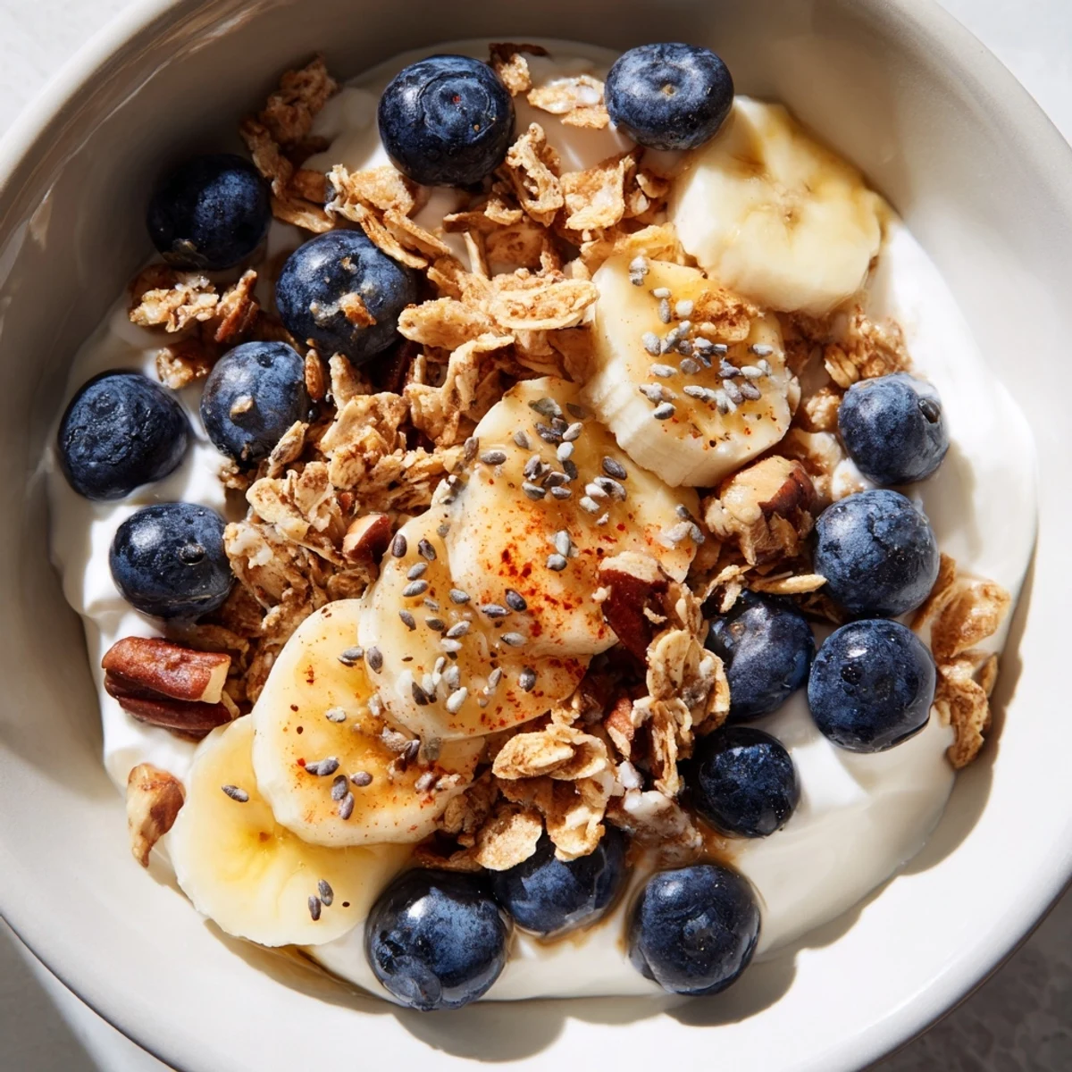 Creamy Greek yogurt and granola bowl topped with fresh berries and smoky maple kissed drizzle.