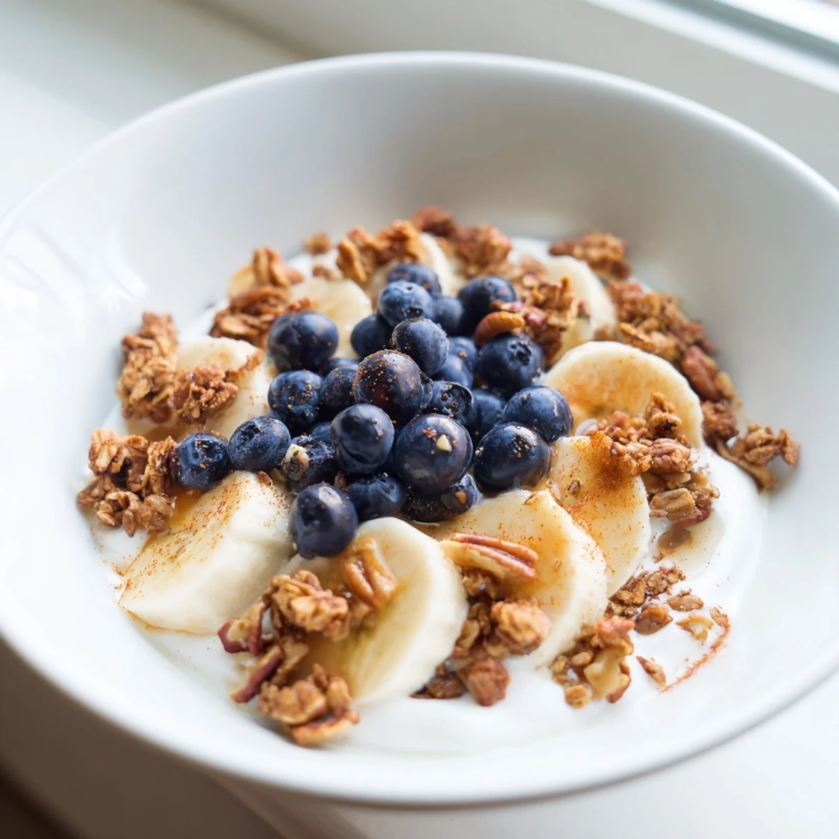 Breakfast yogurt bowl with crunchy granola, sliced banana, and a smoky maple syrup drizzle.