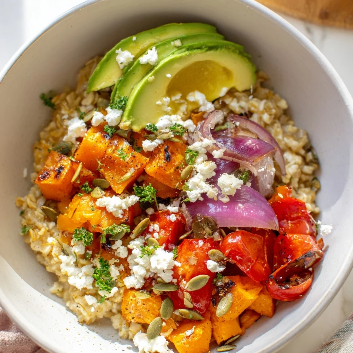 A bowl of Savory Slow-Roasted Oat Bowl topped with caramelized sweet potatoes and creamy avocado slices.