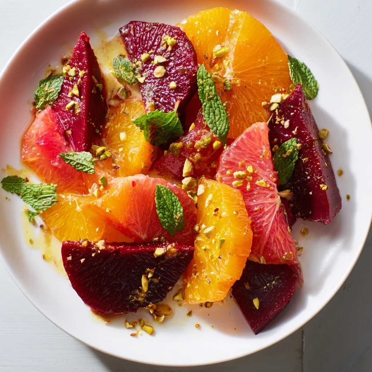 Brightly roasted beet wedges and segmented blood oranges arranged beautifully on a platter for Citrus Bright Roasted Beets and Citrus salad.