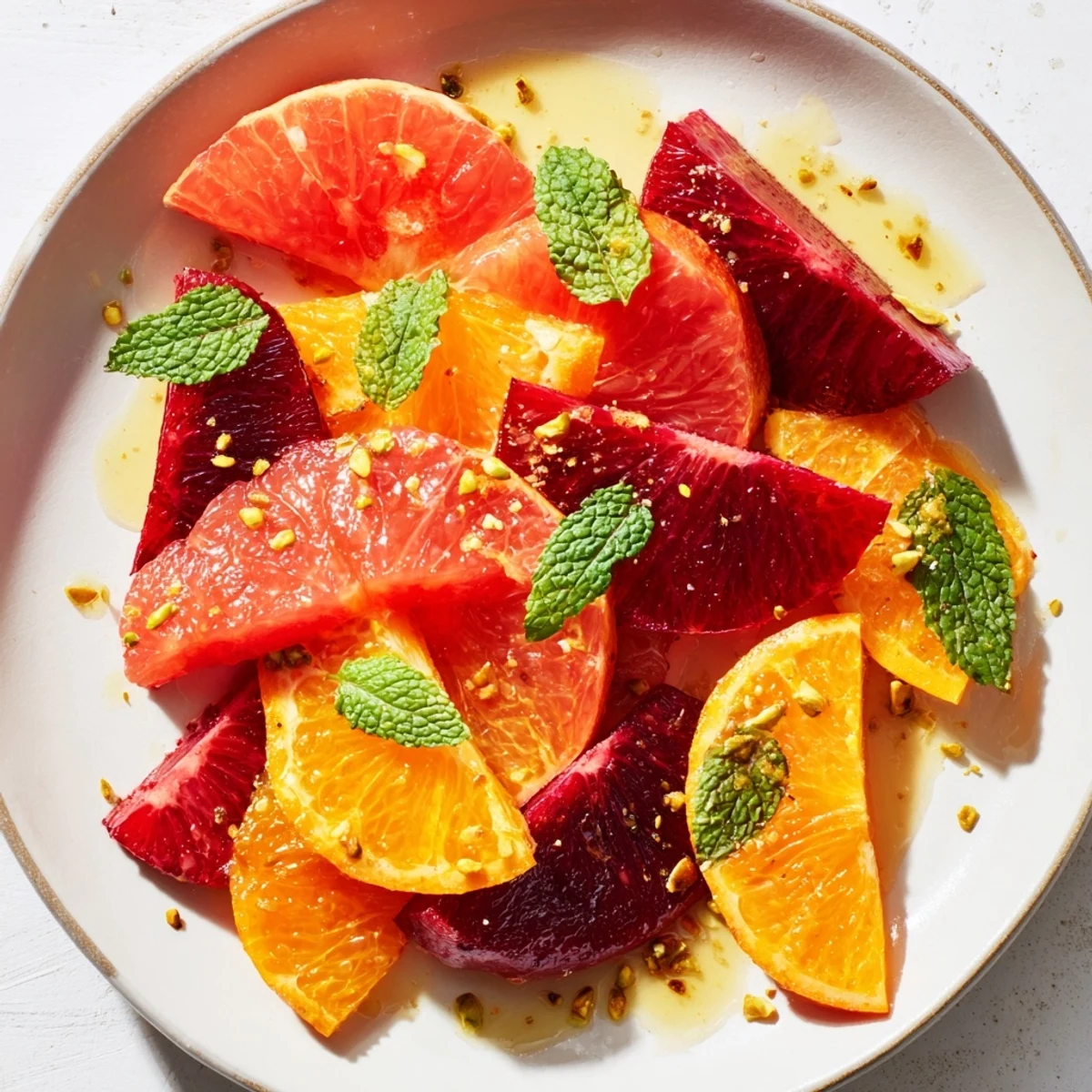 A close-up of Citrus Bright Roasted Beets and Citrus salad showing glistening vinaigrette, fresh mint, and crunchy pistachios.