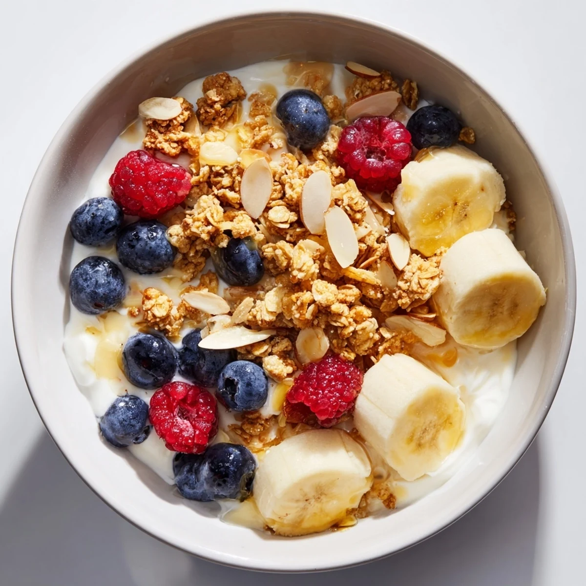 A close-up of a vibrant ginger scented yogurt and granola bowl topped with fresh berries and banana slices.