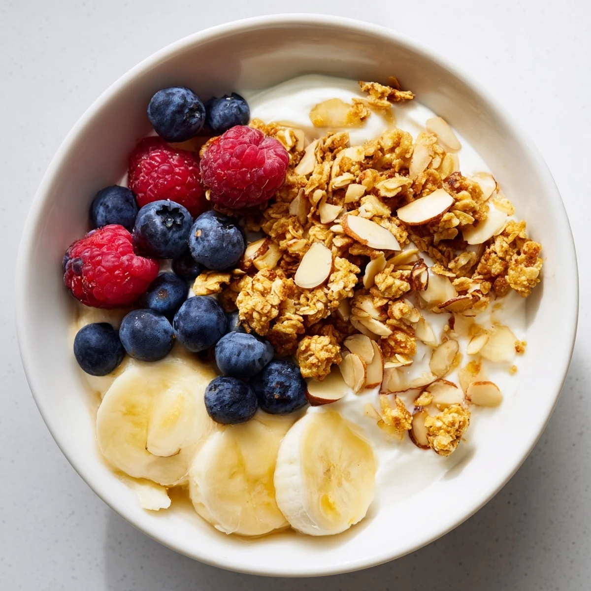 Two serving bowls display the ginger scented yogurt and granola bowl with crunchy granola and sliced almonds.