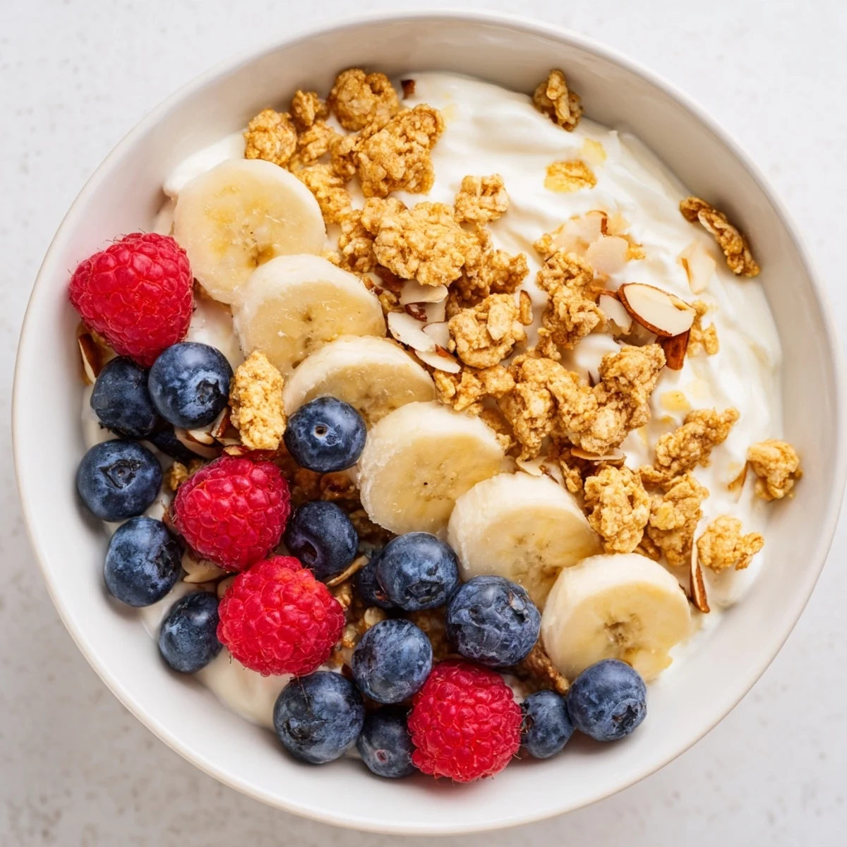 This refreshing ginger scented yogurt and granola bowl is ready to eat with a spoon nearby for breakfast.