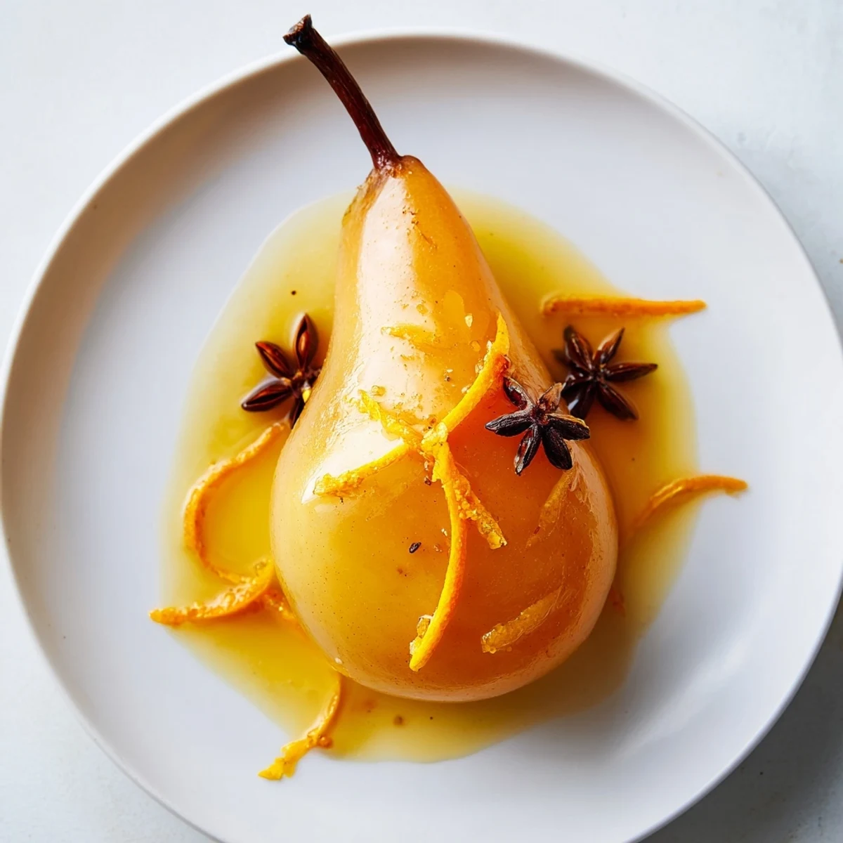 Golden Poached Pear in Warm Spice Orange Kissed dessert topped with orange zest and a dollop of whipped cream on a rustic wooden table.