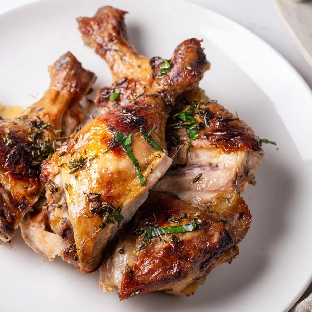 Golden-brown Thyme Roasted Lemon Basil Chicken rests on a platter with fresh basil garnish and lemon slices. 