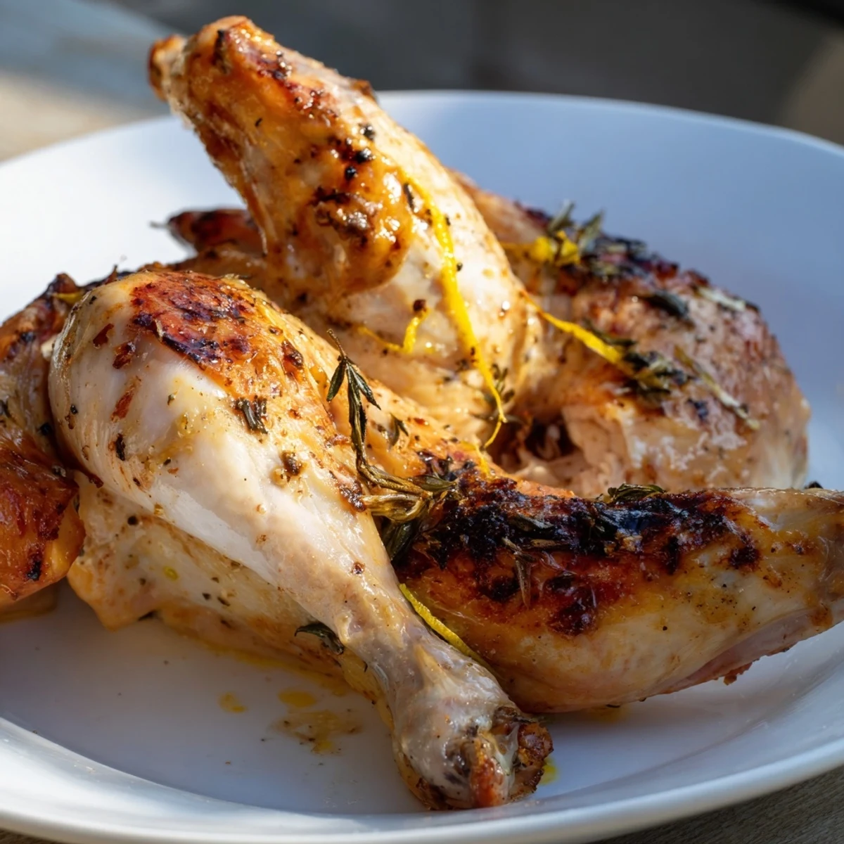 Juicy whole Thyme Roasted Lemon Basil Chicken sits beside roasted potatoes in a rustic roasting pan. 