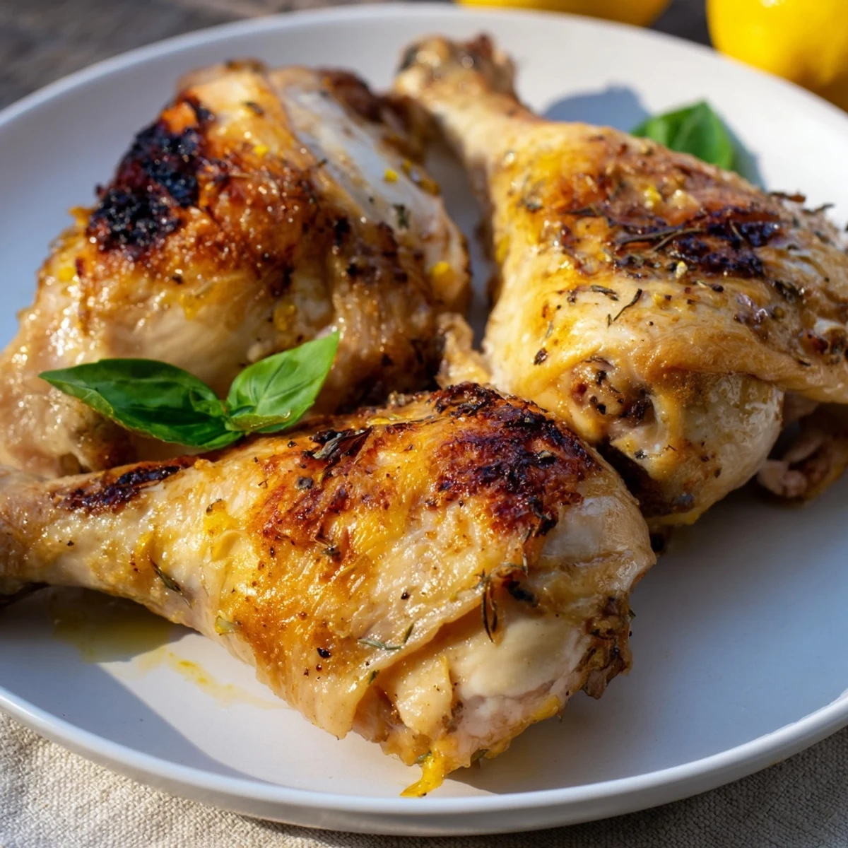 Sliced Thyme Roasted Lemon Basil Chicken showcases tender meat and crispy skin with pan drippings.