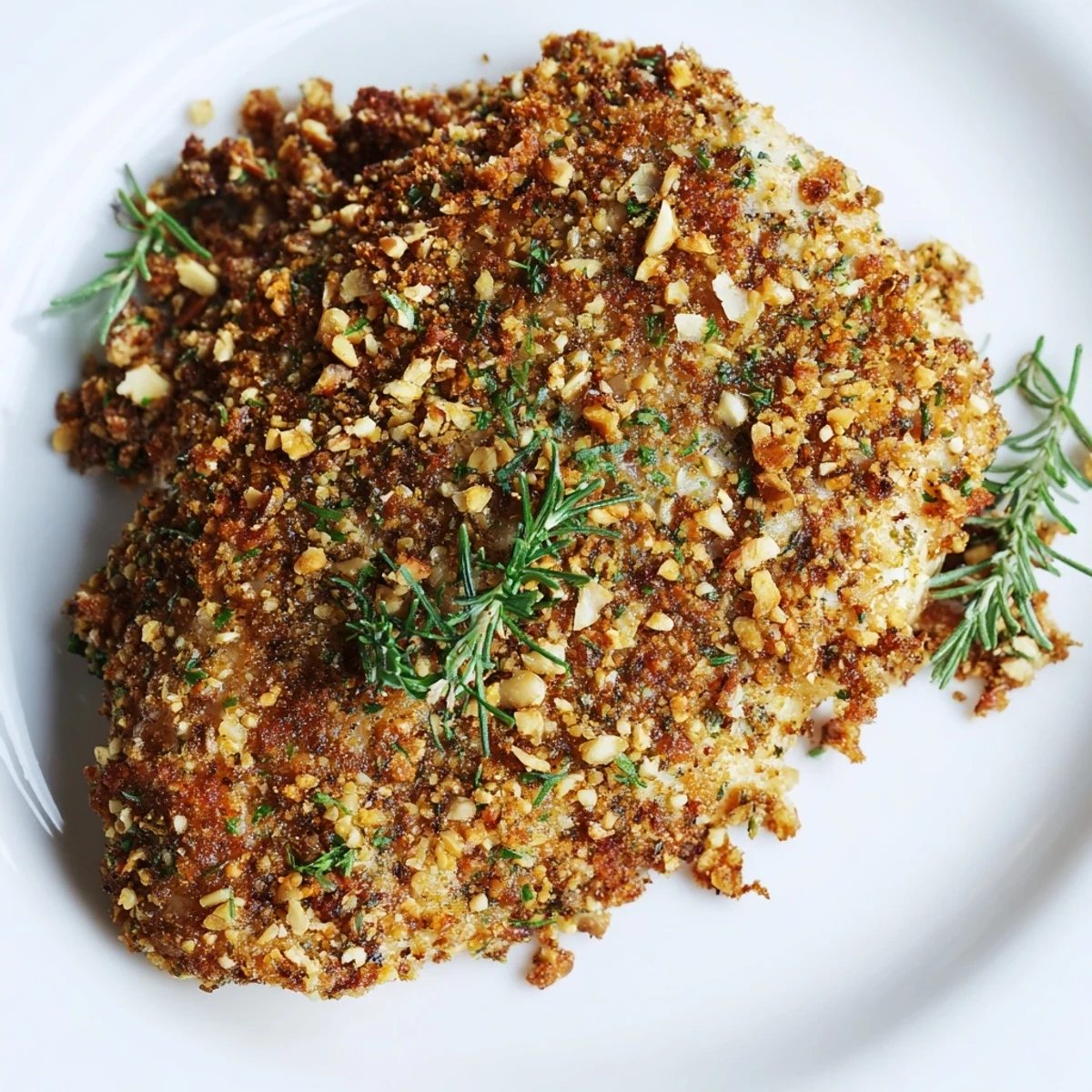 Golden-baked Nutty Citrus Herb Chicken with a crunchy nut crust and fresh herbs on a white plate.