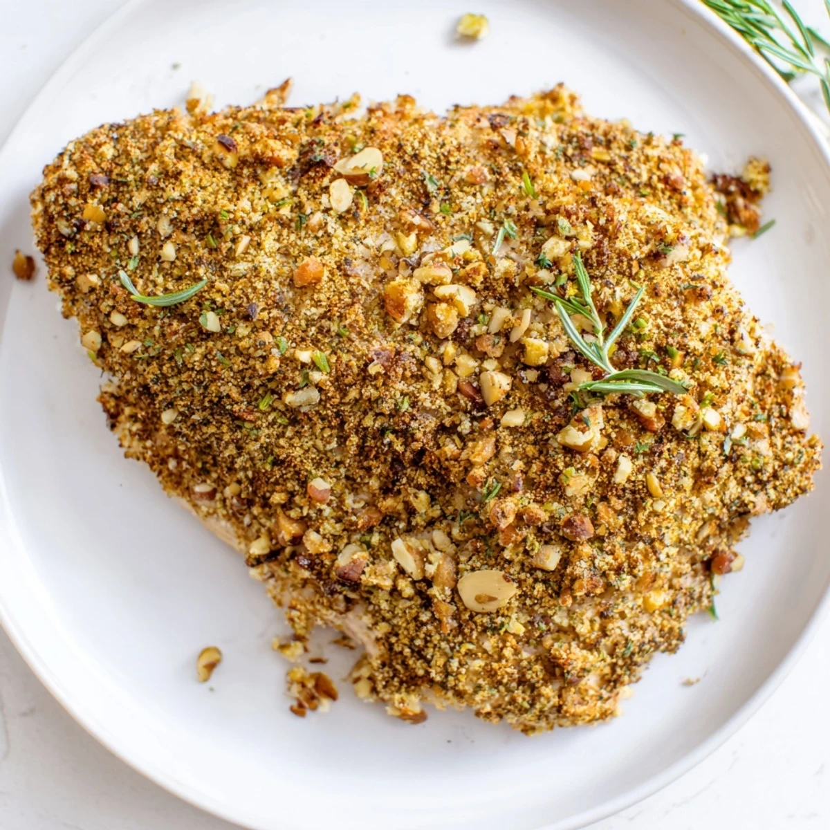 Freshly baked Nutty Citrus Herb Chicken breasts garnished with rosemary and thyme, ready to serve.