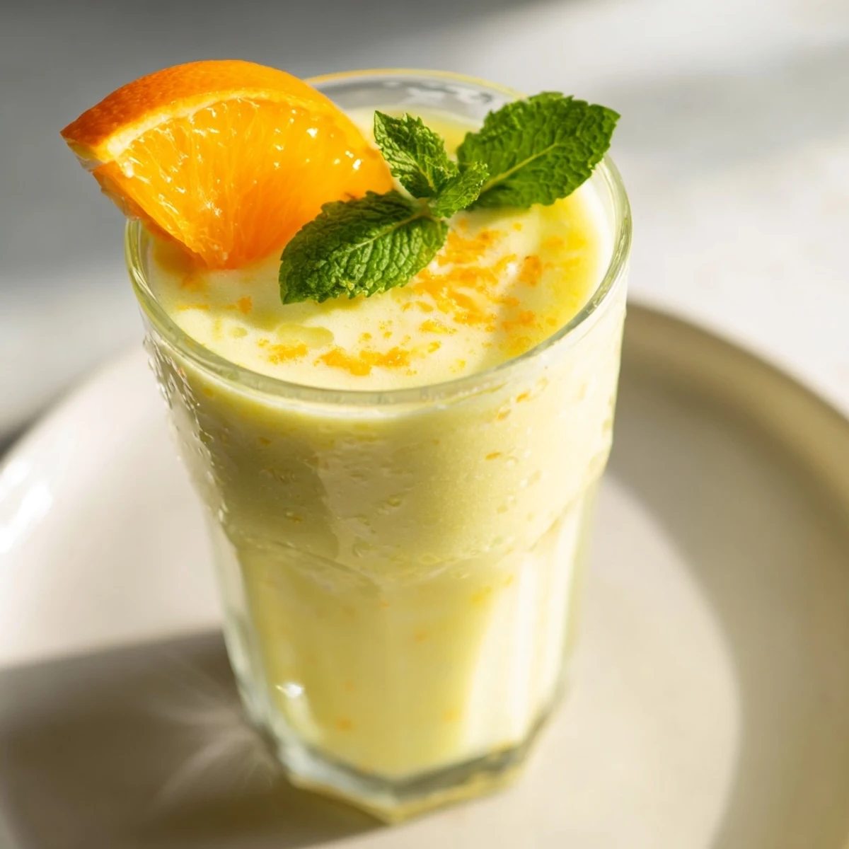 A tall glass of Ginger Citrus Smoothie showing bright orange color and a frothy top beside sliced citrus and ginger on a wooden board.