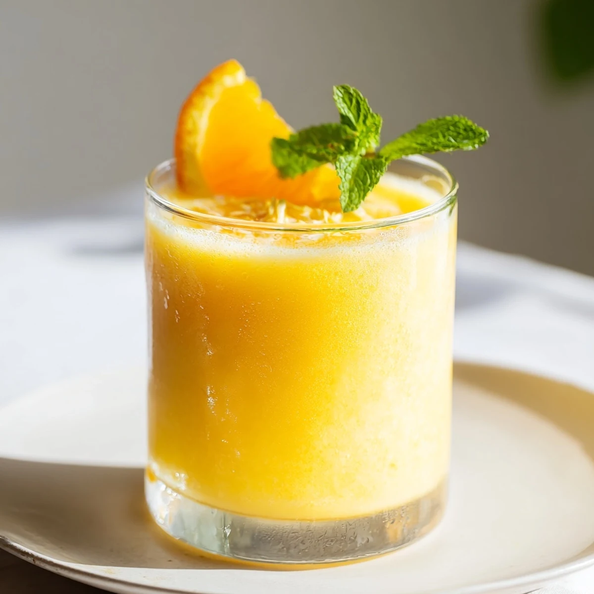 The Ginger Citrus Smoothie recipe poured into a mason jar with a sprig of mint and lime wedge garnish for refreshing appeal.