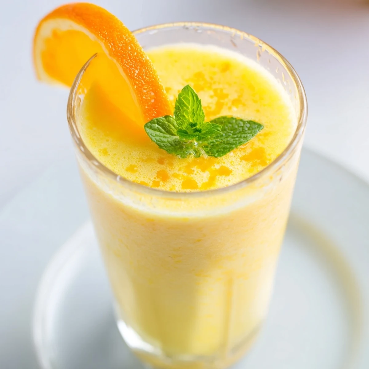 Close-up of Ginger Citrus Smoothie in a clear glass over ice with visible condensation and a striped straw for a morning boost.