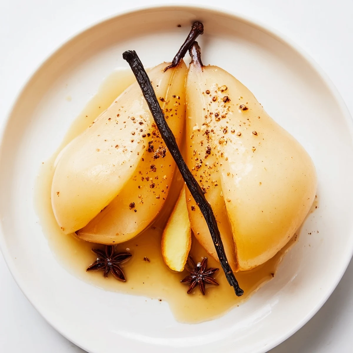 Juicy pears poached with cinnamon and star anise, ready to be paired with vanilla ice cream.