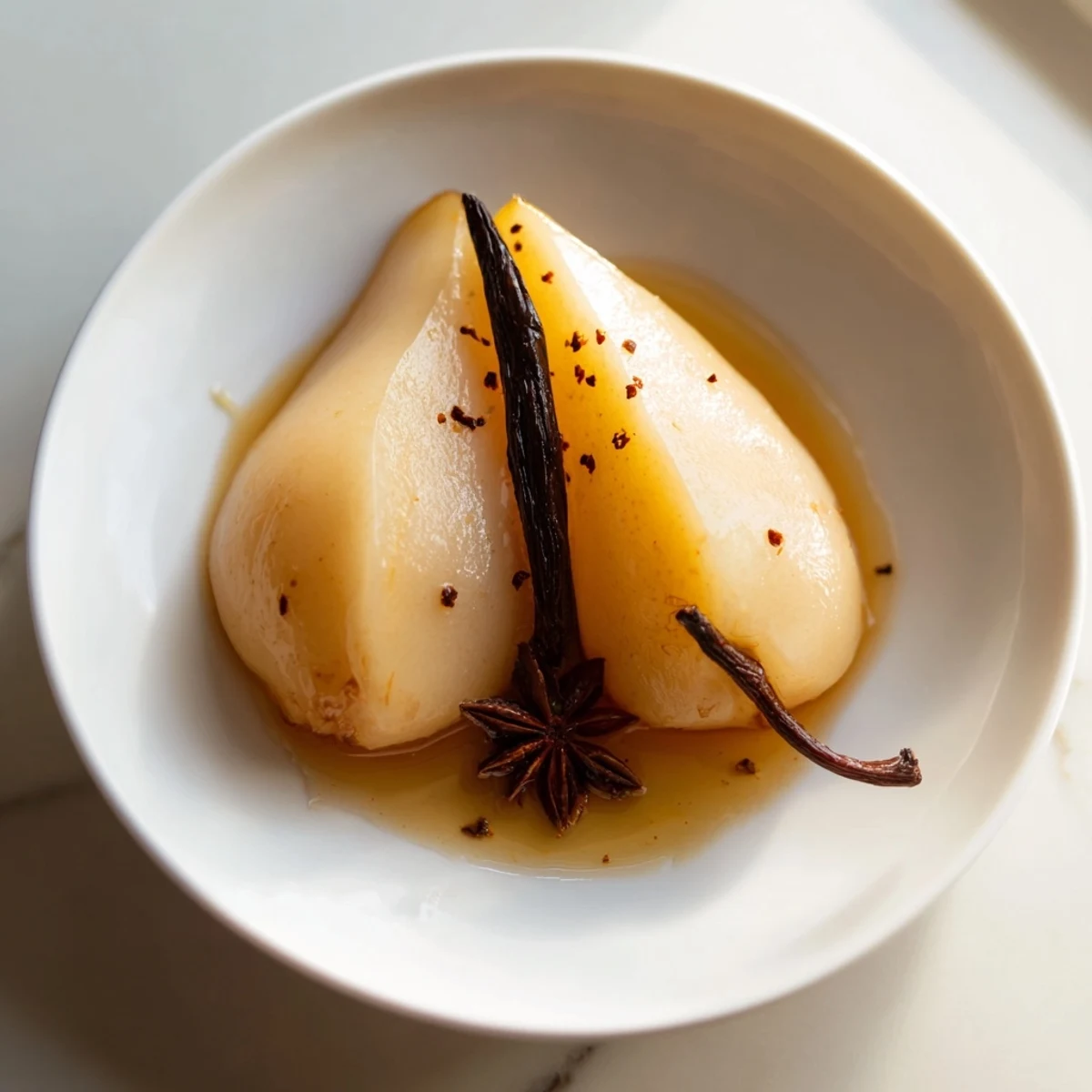 A close-up of tender pears in a warm spice and citrus glaze, perfect for an elegant dessert.