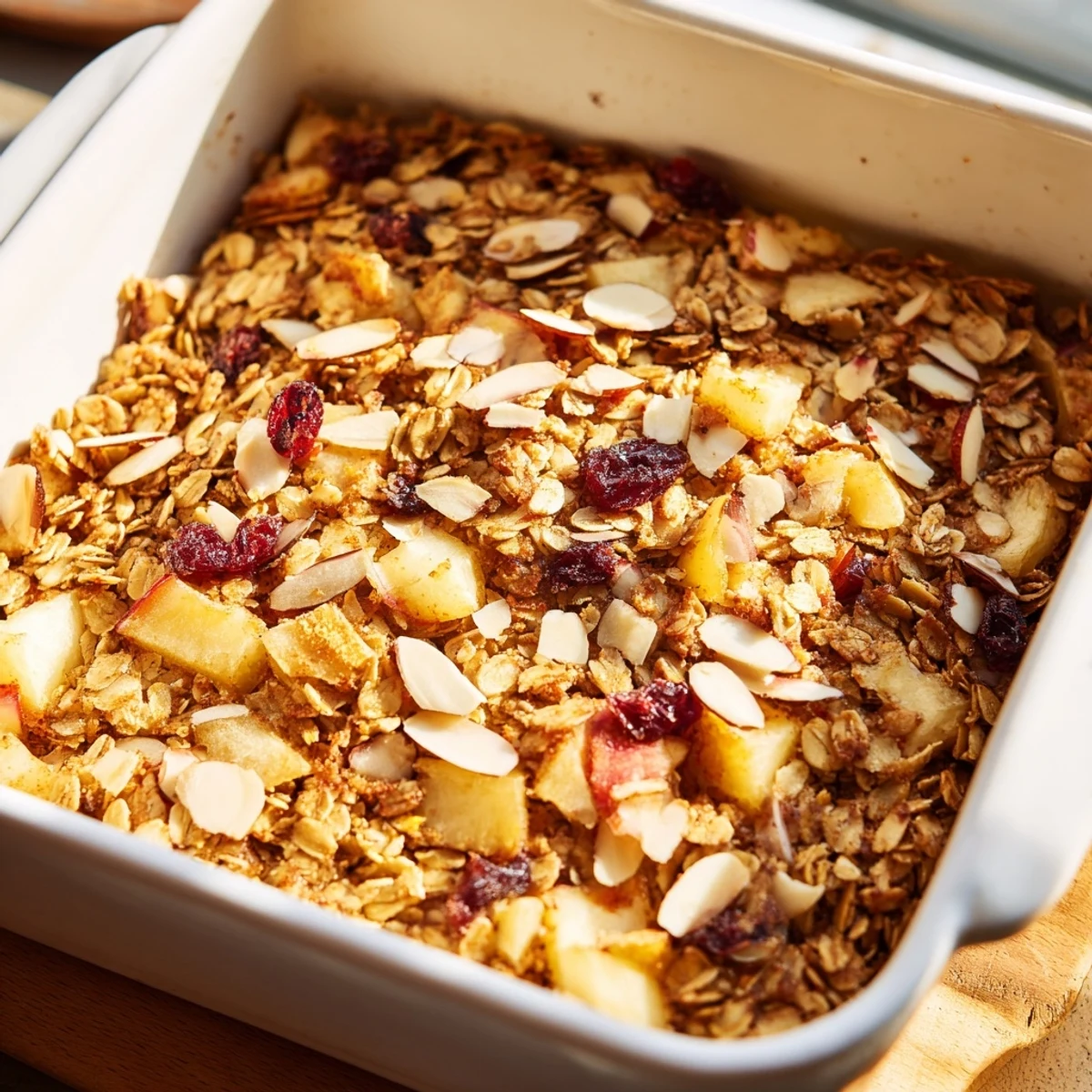 A close-up of Oat and Almond Breakfast Bake slice, showing crunchy almonds and soft oats in an 8x8 dish.