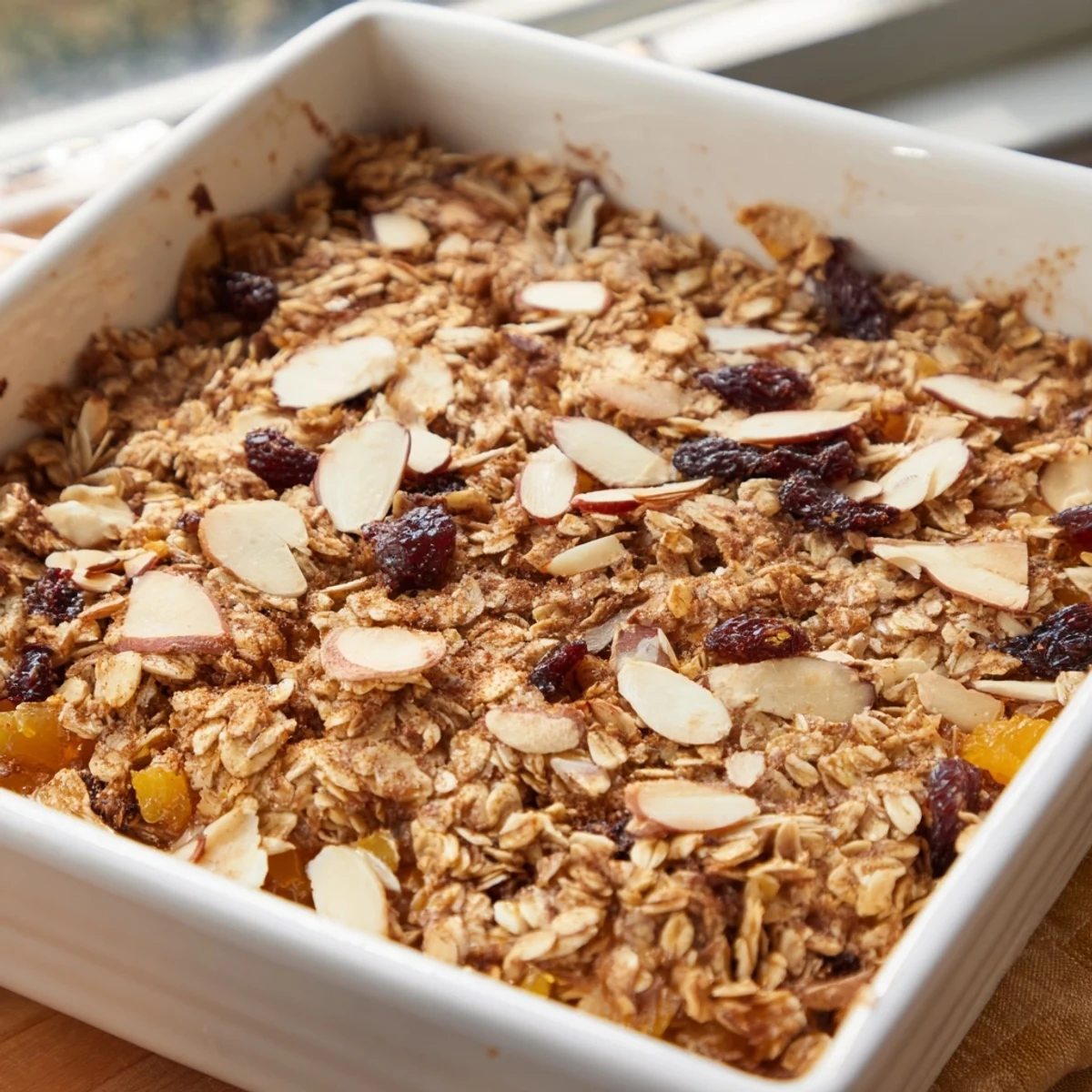 Warm Oat and Almond Breakfast Bake with golden top and dried fruit on a rustic wooden table.