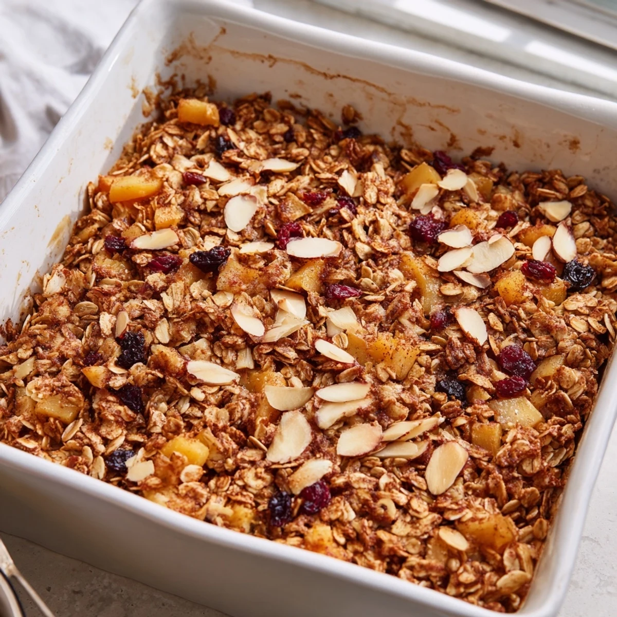 Serving suggestion of Oat and Almond Breakfast Bake with maple drizzle and fresh berries for a nourishing breakfast.