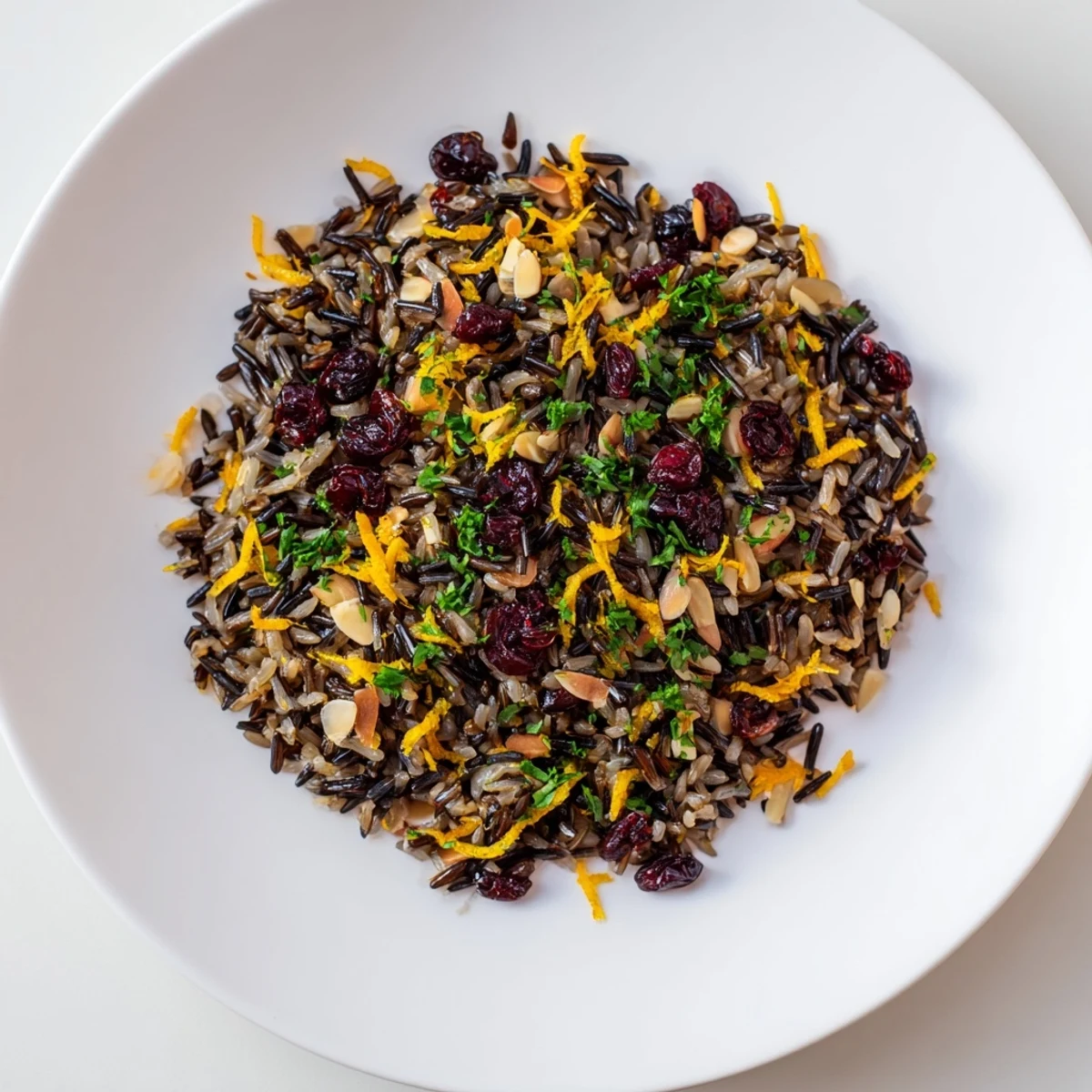 A close-up of Wild Rice Citrus Pilaf with Rosemary showing fluffy grains, toasted almonds, and bright orange zest on a white plate.