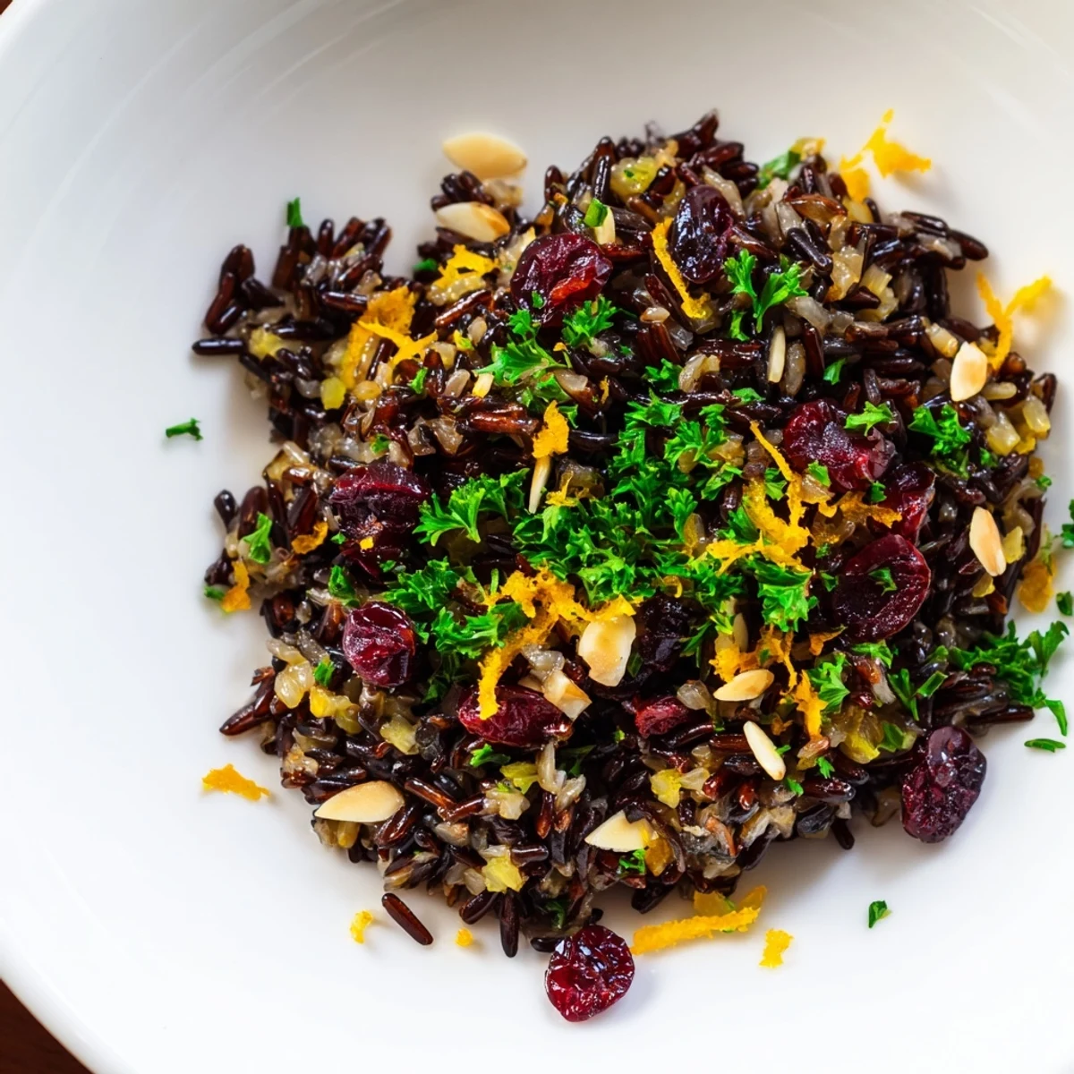 Colorful Wild Rice Citrus Pilaf with Rosemary features dried cranberries and lemon zest, plated on a rustic wooden table for a cozy dinner.