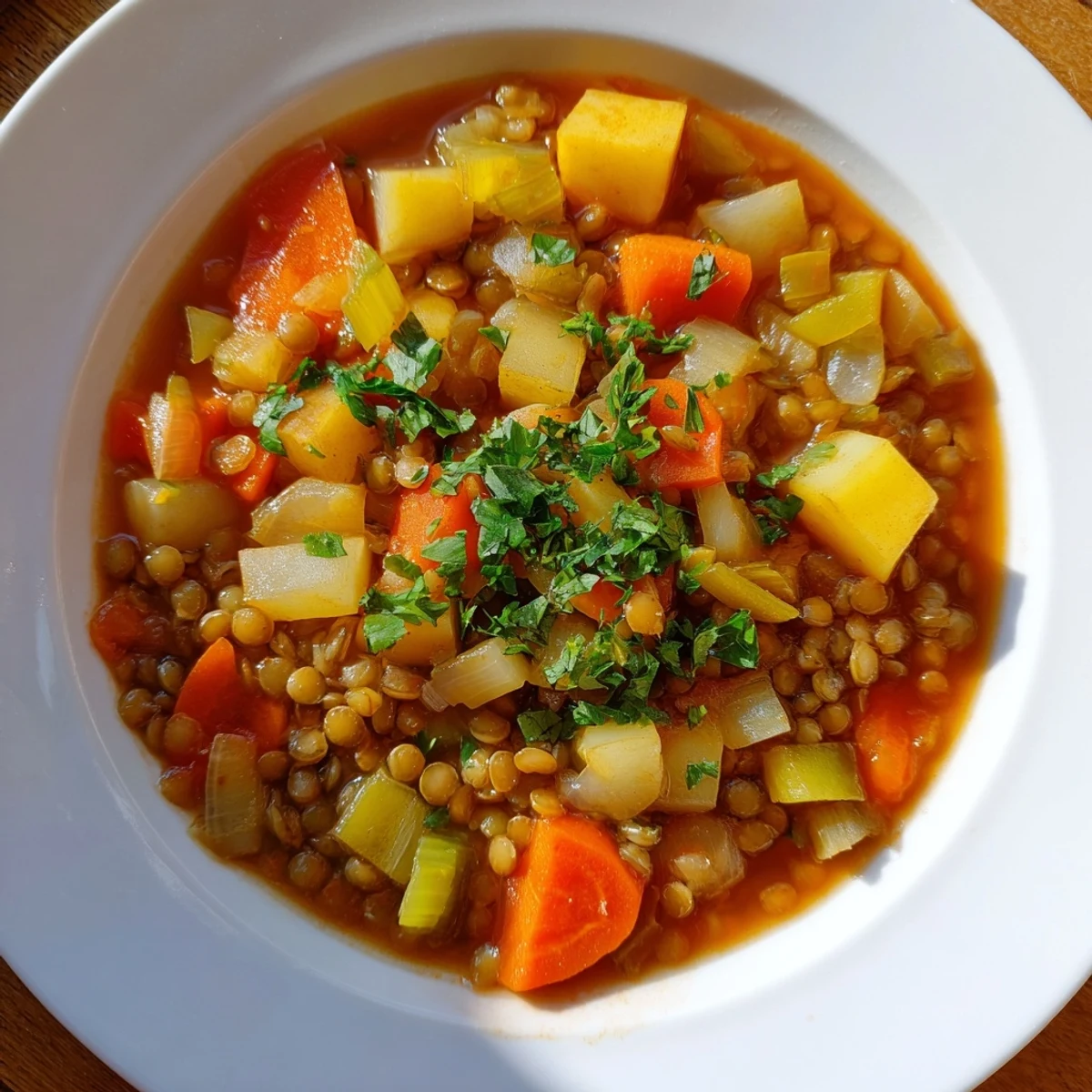 A warm bowl of Barley and Lentil Stew Golden with golden potatoes and turmeric broth next to crusty bread.