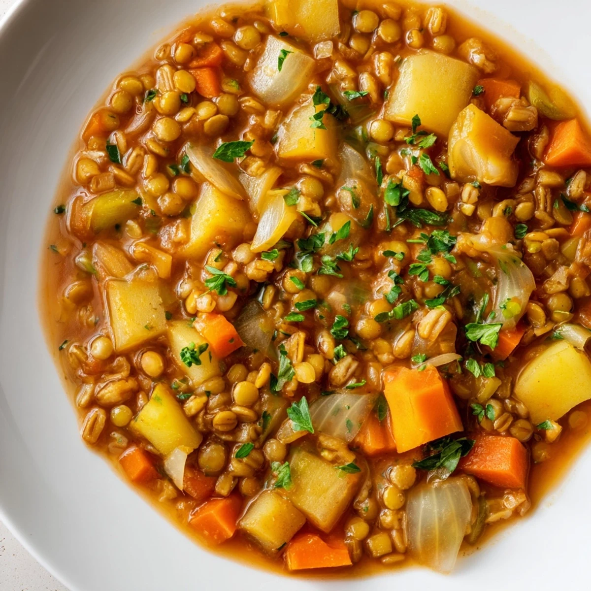 Spoon lifting a serving of Barley and Lentil Stew Golden from a rustic pot, revealing tender lentils and diced carrots.