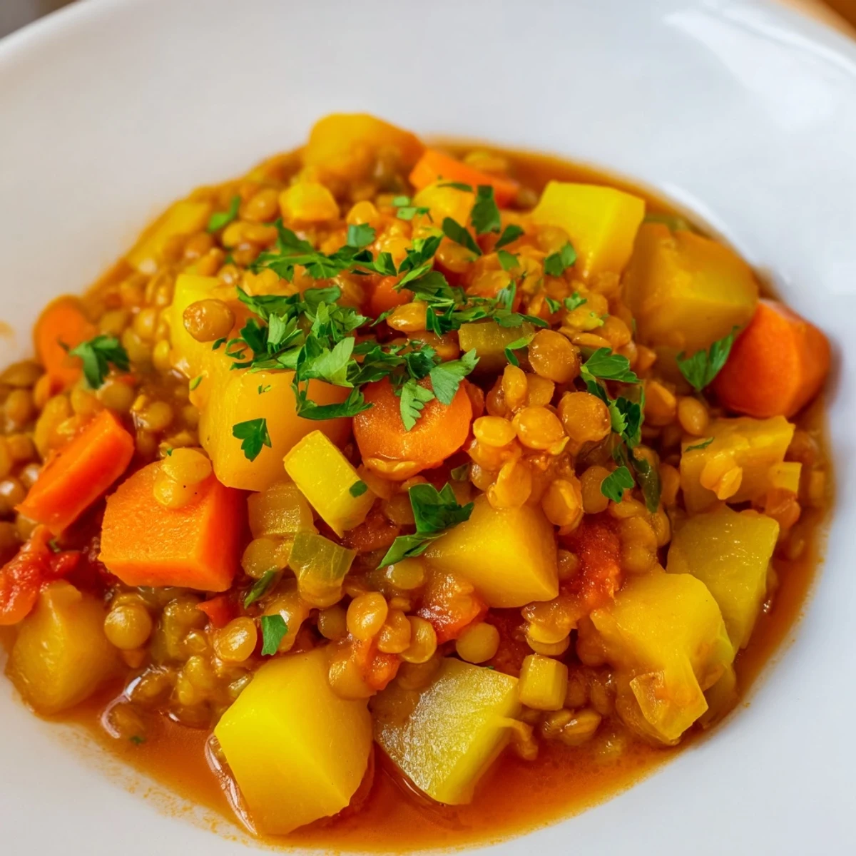 Steaming Barley and Lentil Stew Golden in a white bowl garnished with fresh parsley, perfect for cozy fall dinners.