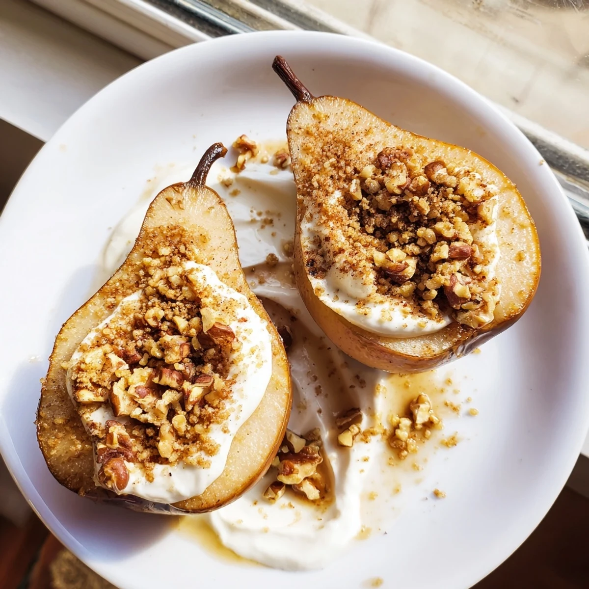 Golden Ginger Scented Baked Pears in a baking dish, infused with honey and spices, ready to serve with yogurt.