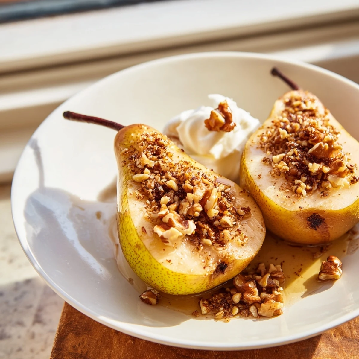 A close-up of tender Ginger Scented Baked Pears drizzled with syrup, garnished with walnuts and a lemon zest twist.