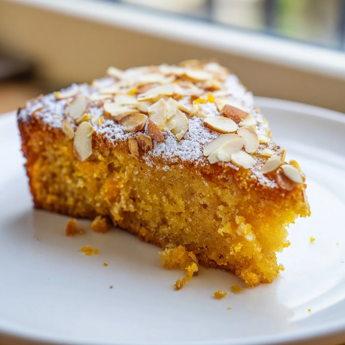 Freshly baked Orange, Almond & Winter Spice Cake dusted with powdered sugar and served with a dollop of whipped cream.