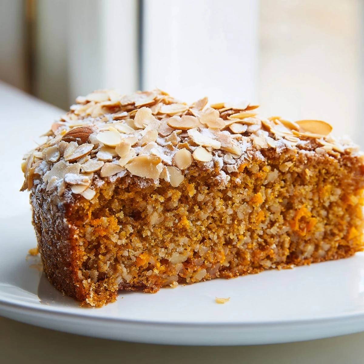 A slice of moist Orange, Almond & Winter Spice Cake showing a tender crumb with orange zest and almond slivers.