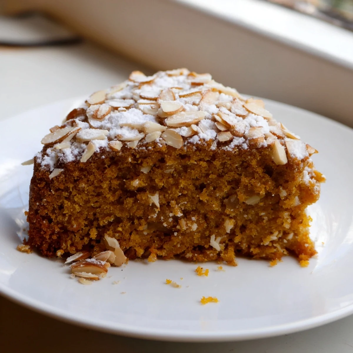 Overhead view of Orange, Almond & Winter Spice Cake on a rustic plate, garnished with flaked almonds and orange zest.