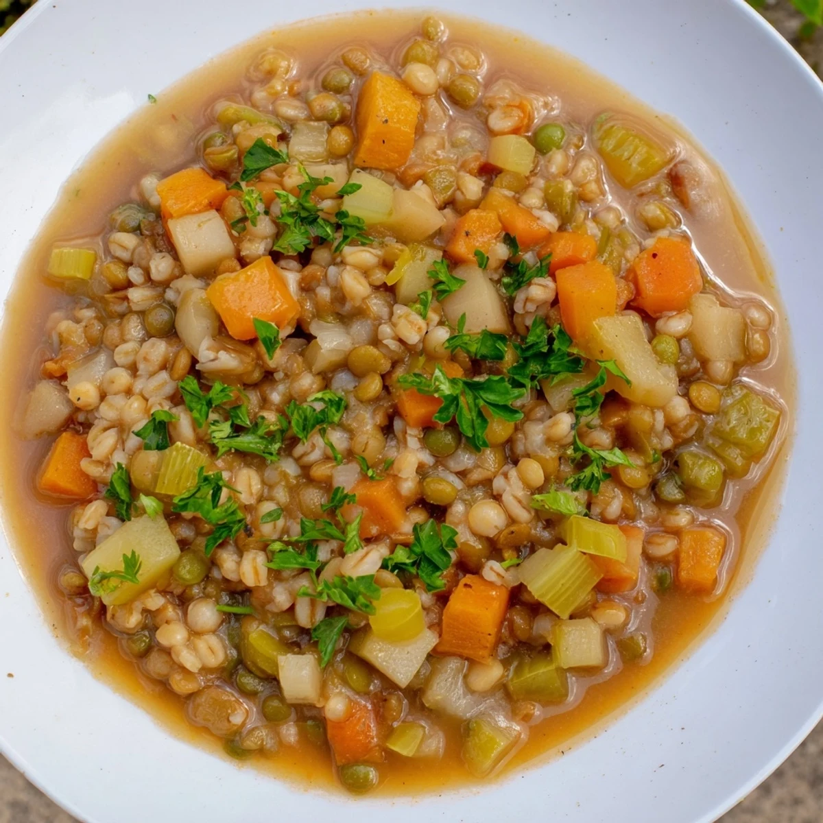 Close-up shot of Honey Glazed Barley and Lentil Stew showing tender lentils and diced root vegetables in a savory broth.